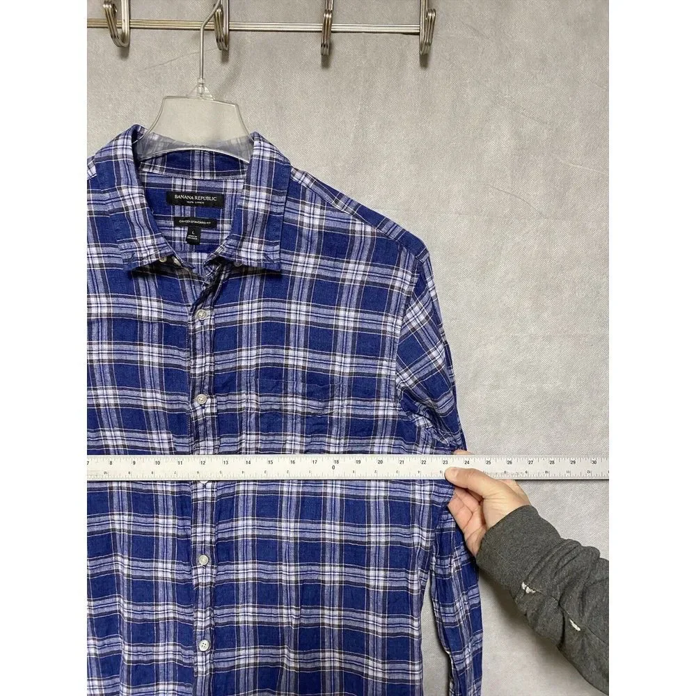Banana Republic Shirt Men L Blue‎ Plaid Linen Button Up Camden Standard Casual